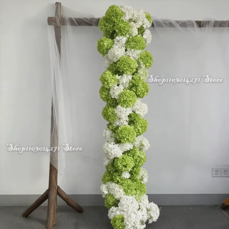 Hortensia vert mariage toile de fond arc fleur coureur KT conseil décor rangée florale fleurs boule Arrangement affichage événement fête accessoires