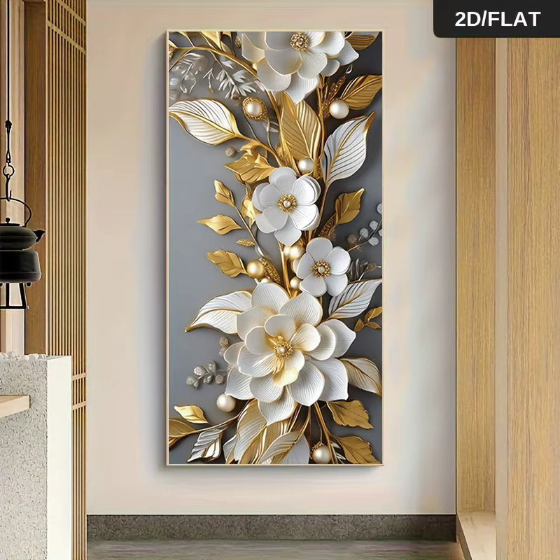 1 peinture sur toile moderne et luxueuse avec des fleurs dorées et blanches, décoration en perles, peinture suspendue sans cadre, pour salon