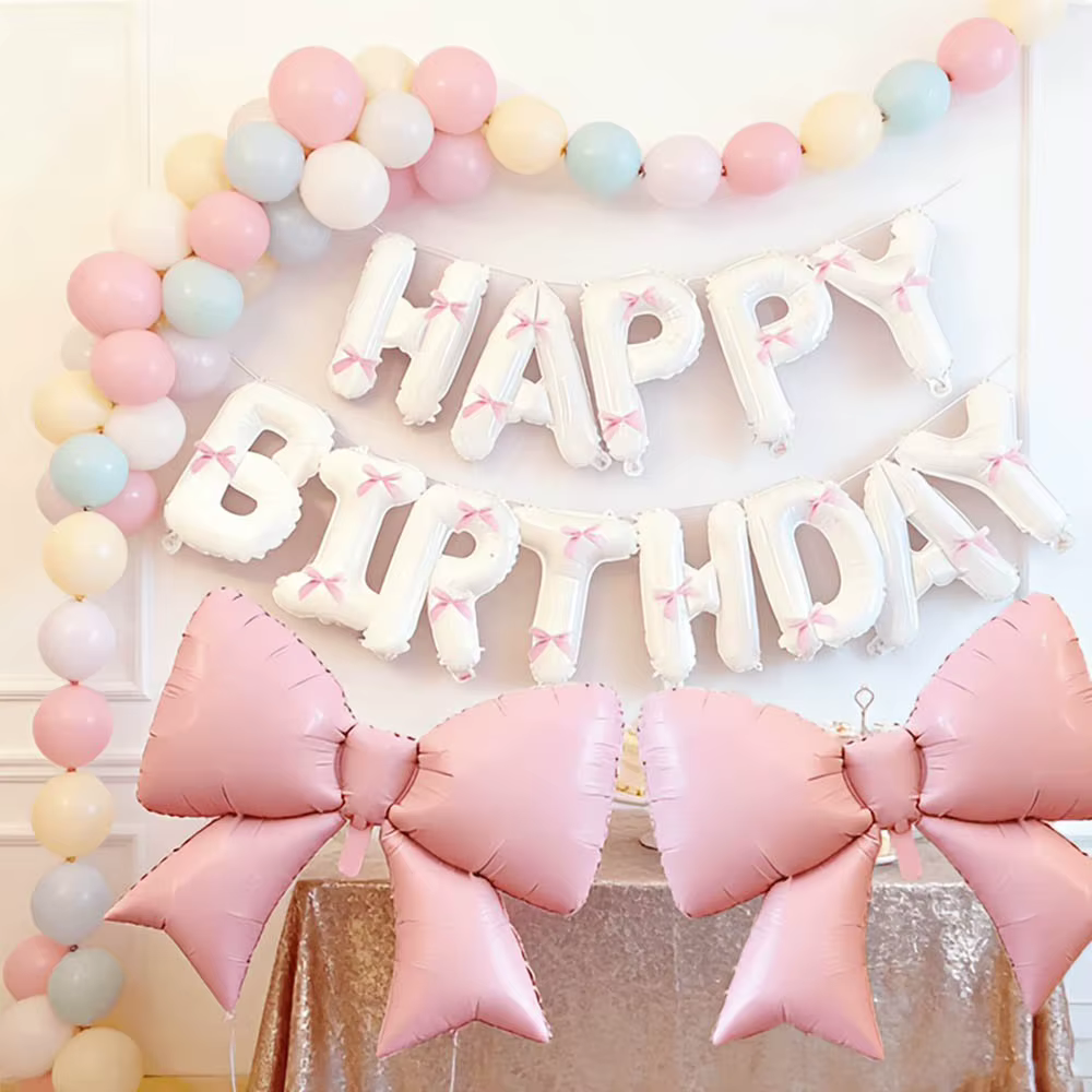 Ballon d'anniversaire rose avec nœud, ballon lettre Joyeux Anniversaire avec ruban rose pour décoration de mariage, Saint-Valentin, anniversaire, demande en mariage