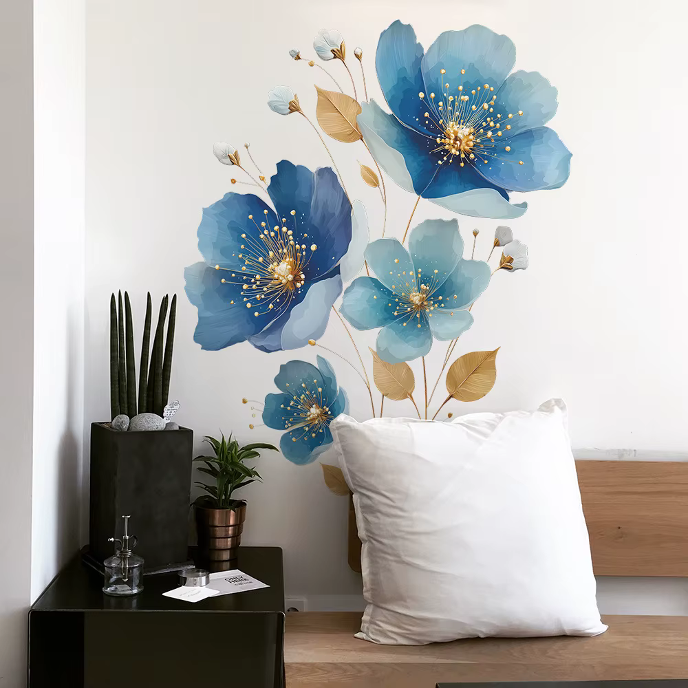 Autocollant mural floral bleu doré.
