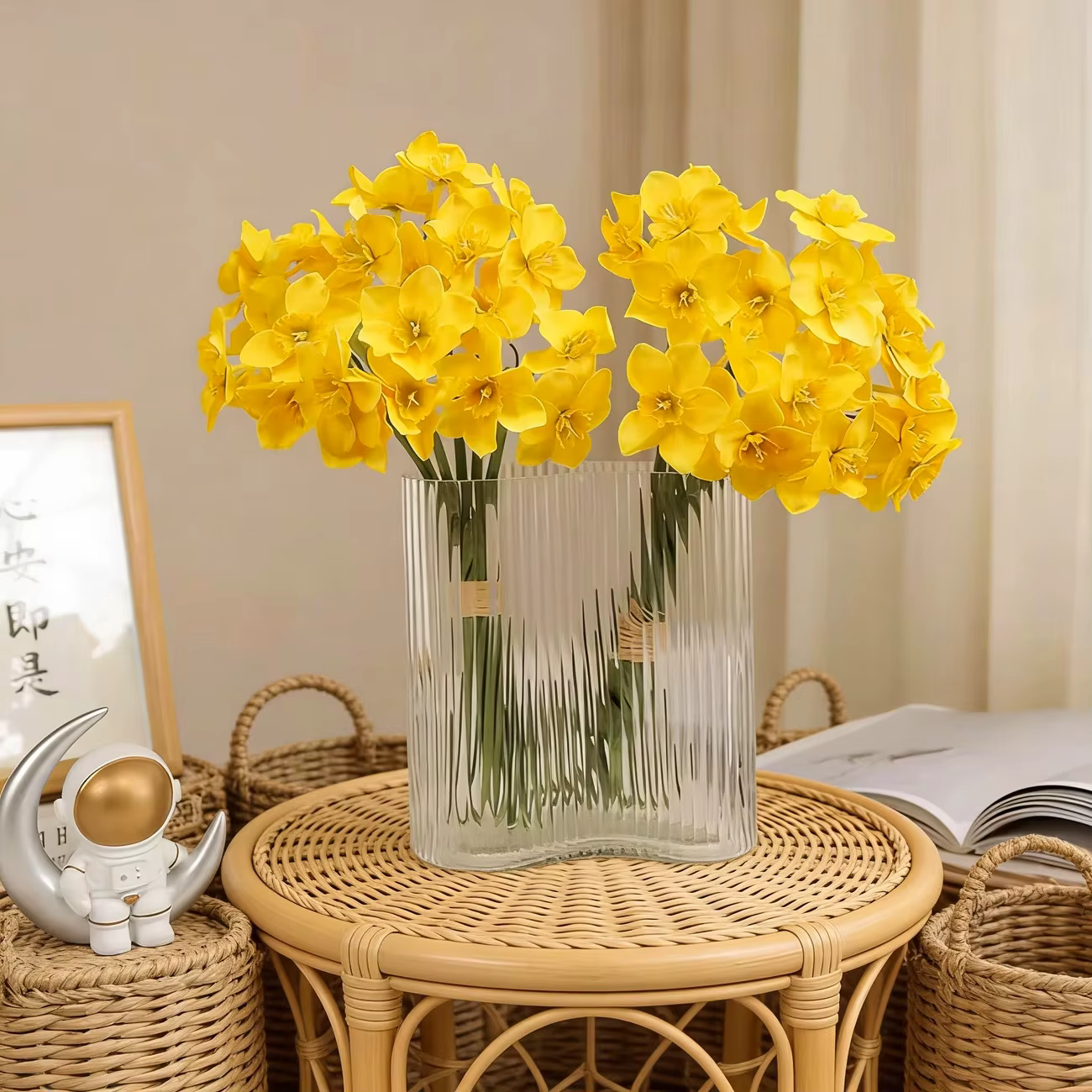 6/12 tiges de fleurs artificielles jaunes en forme de narcisse