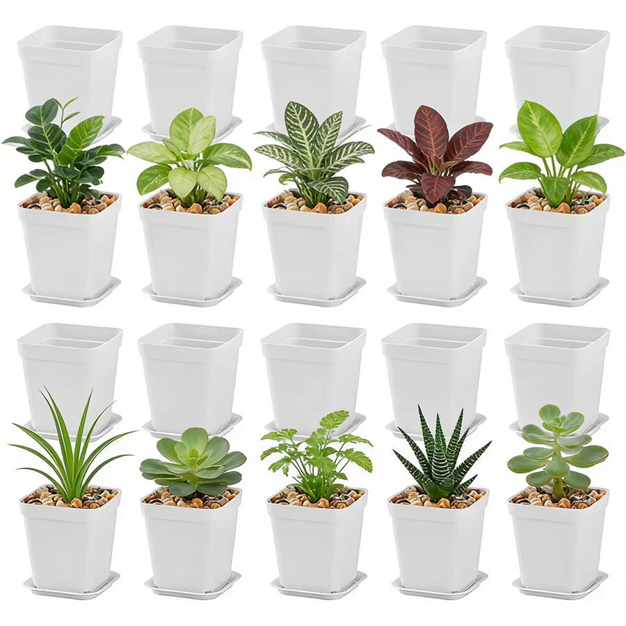 10 pots de plantes carrés en plastique blanc de 7 cm avec plateaux de drainage - Idéal