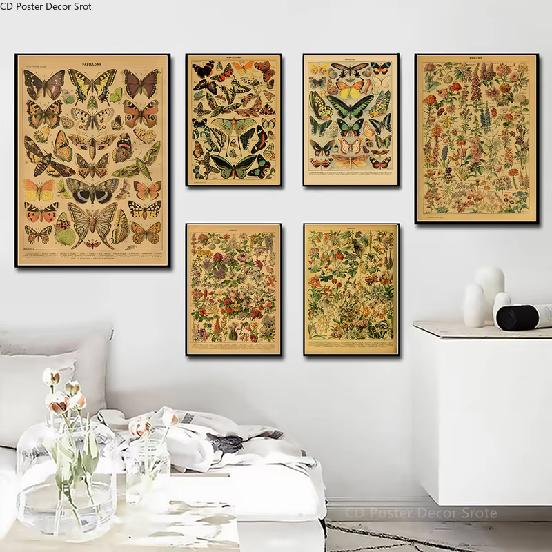 Papillon insecte fleur champignon affiche botanique éducatif papier Kraft bricolage Vintage maison chambre Bar café décor Art mur peinture