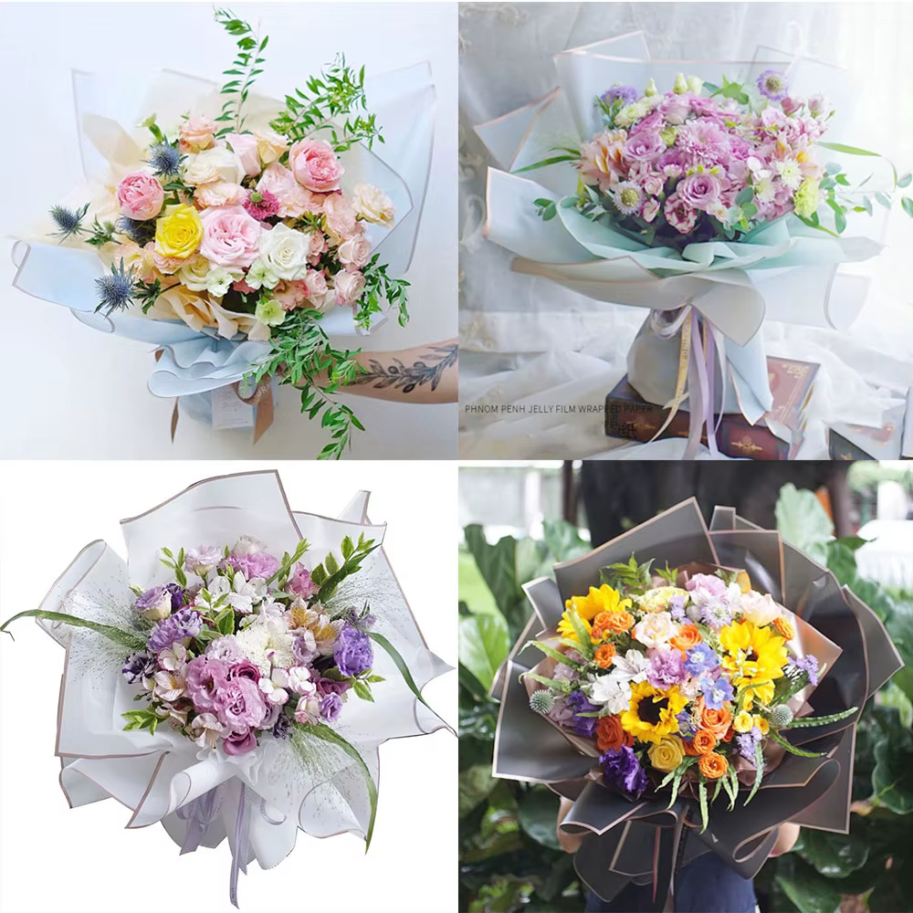 10 feuilles de papier d'emballage de fleurs avec bords dorés