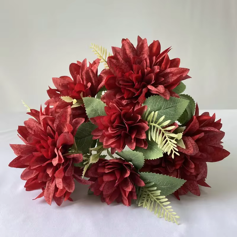 Peinture à l'huile artificielle Dahlia soie fausses fleurs plante jardin décoratif 7 têtes Dahlias Bouquet fleur rouge décoration d'hôtel