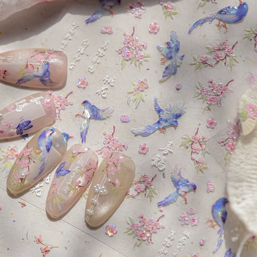 Fleur de pêcher pie branche oiseau bleu papillon rose fleurs pétale charmant 5D Nail Art autocollant adhésif doux manucure décalcomanie bricolage