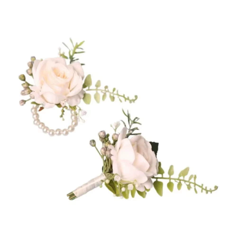 Élégantes fleurs artificielles pour boutonnière de marié et corsage de poignet pour costume de mariage