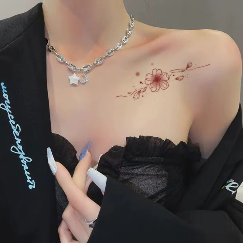 Sakura tatouage temporaire pour femmes clavicule épaule Art fleur tatouage autocollants japonais rose dessin animé faux autocollant Floral