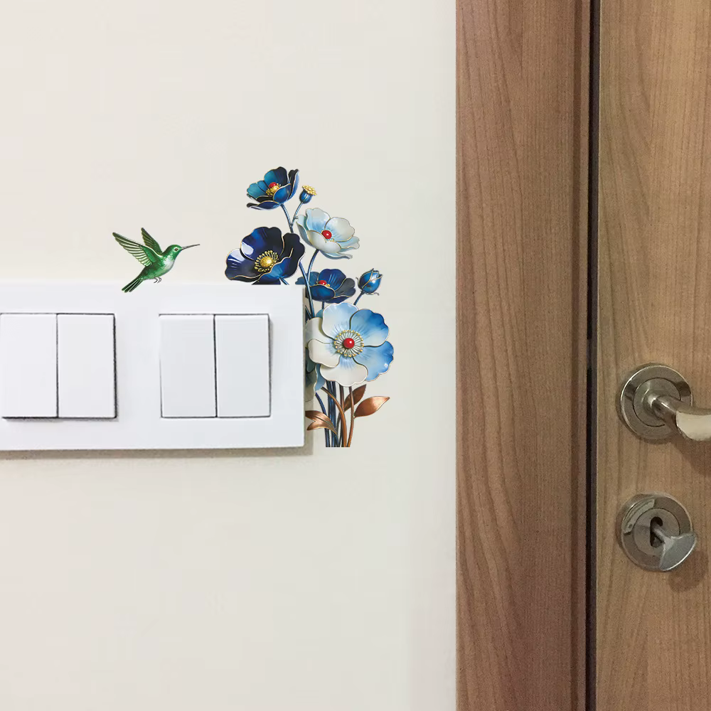 Autocollant mural amovible imperméable à l'eau avec fleurs bleues romantiques pour chambre à coucher