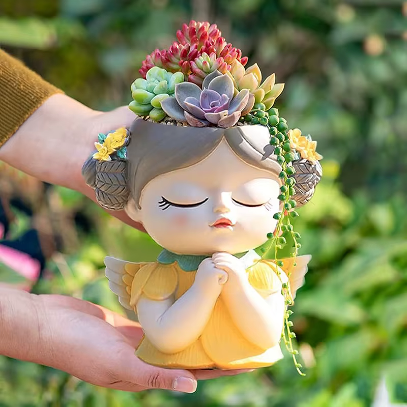 Pot de jardinière de visage de fille d'ange mignon de 7 pouces avec trou de Drainage