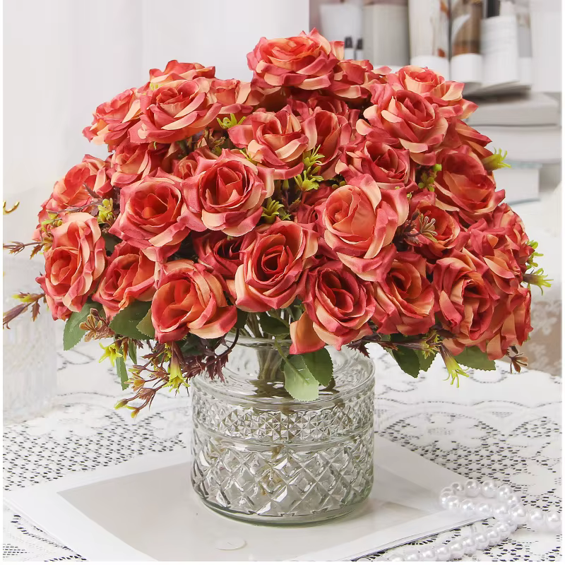 Vert Aloes 2 pièces fleurs artificielles soie Rose Bouquet chambre décoration fausse fleur Simulation parfumé miel blanc Roses