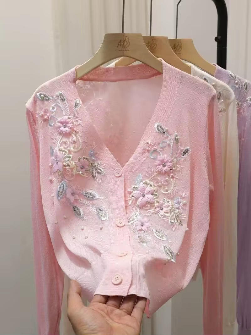 Femmes pull 2025 printemps automne Cardigans col en v perles 3d fleur broderie dame tricots hauts mode coréenne Cardigan