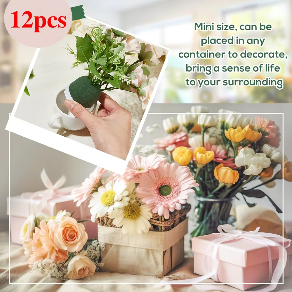 12 boules de mousse florale verte avec base