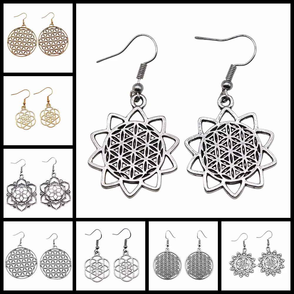 Boucles d'oreilles rondes sculptées à la main pour femmes, bijoux de déclaration uniques, vente en gros, fleur de vie, vente en gros