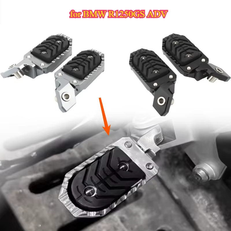 Accessoires moto pour BMW R1250GS ADV : repose-pieds réglables, élargis et surélevés ; repose-pieds réglables modifiés.