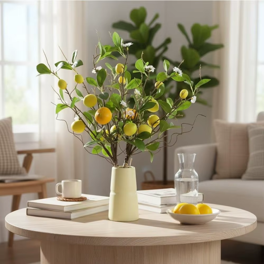 Branche de citron artificielle en plastique avec fleurs
