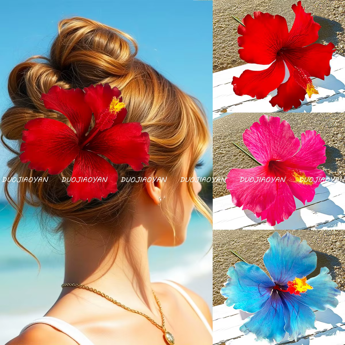 Pince à cheveux fleur d'hibiscus, barrette florale tropicale hawaïenne, accessoires de cheveux bohèmes pour femmes, pour l'été, la plage, les vacances, les mariages