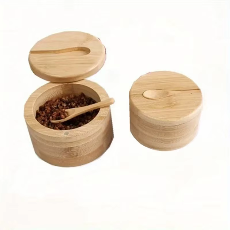 Bocaux d'assaisonnement au sel en bambou, boîte à condiments, ensemble de bols de rangement, récipient à sucre en bois, couvercle multifonctionnel