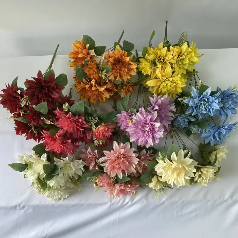 Peinture à l'huile artificielle Dahlia soie fausses fleurs plante jardin décoratif 7 têtes Dahlias Bouquet fleur rouge décoration d'hôtel