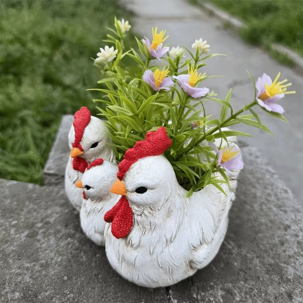 Pot de fleurs décoratif en forme de famille de poulets