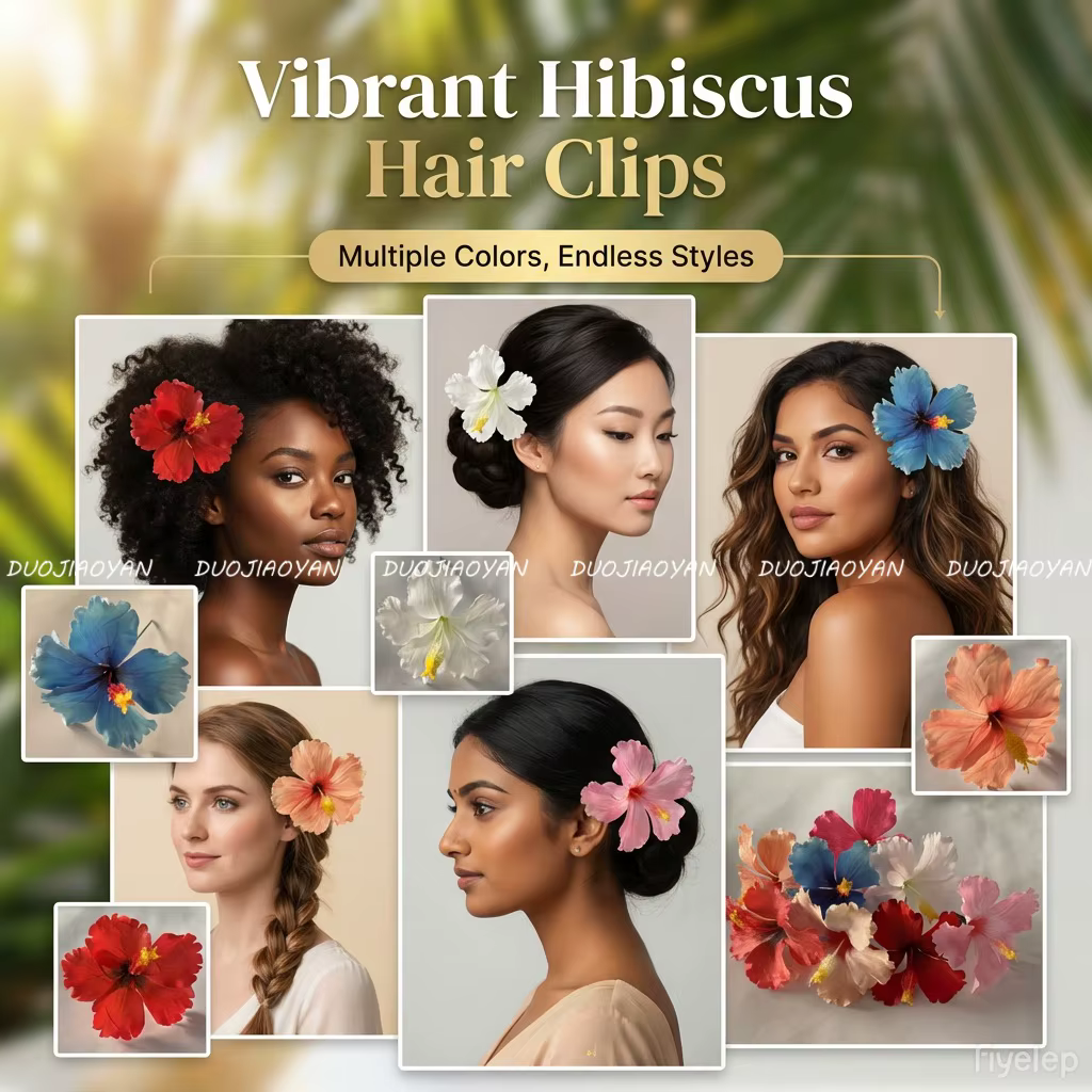 Pince à cheveux fleur d'hibiscus, barrette florale tropicale hawaïenne, accessoires de cheveux bohèmes pour femmes, pour l'été, la plage, les vacances, les mariages