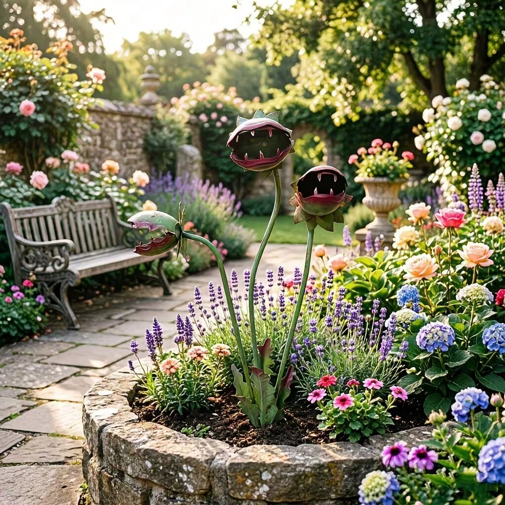 Décoration de jardin en métal peint en forme de fleur carnivore