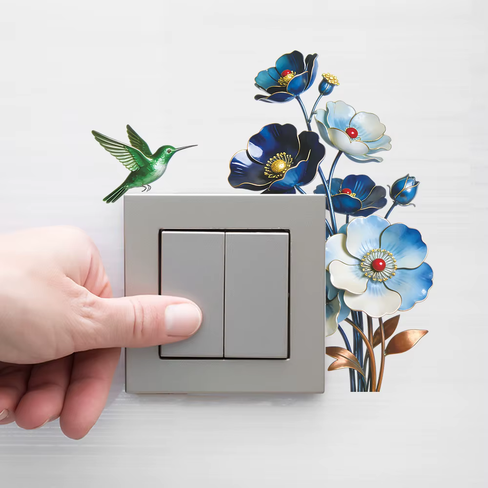 Autocollant mural amovible imperméable à l'eau avec fleurs bleues romantiques pour chambre à coucher