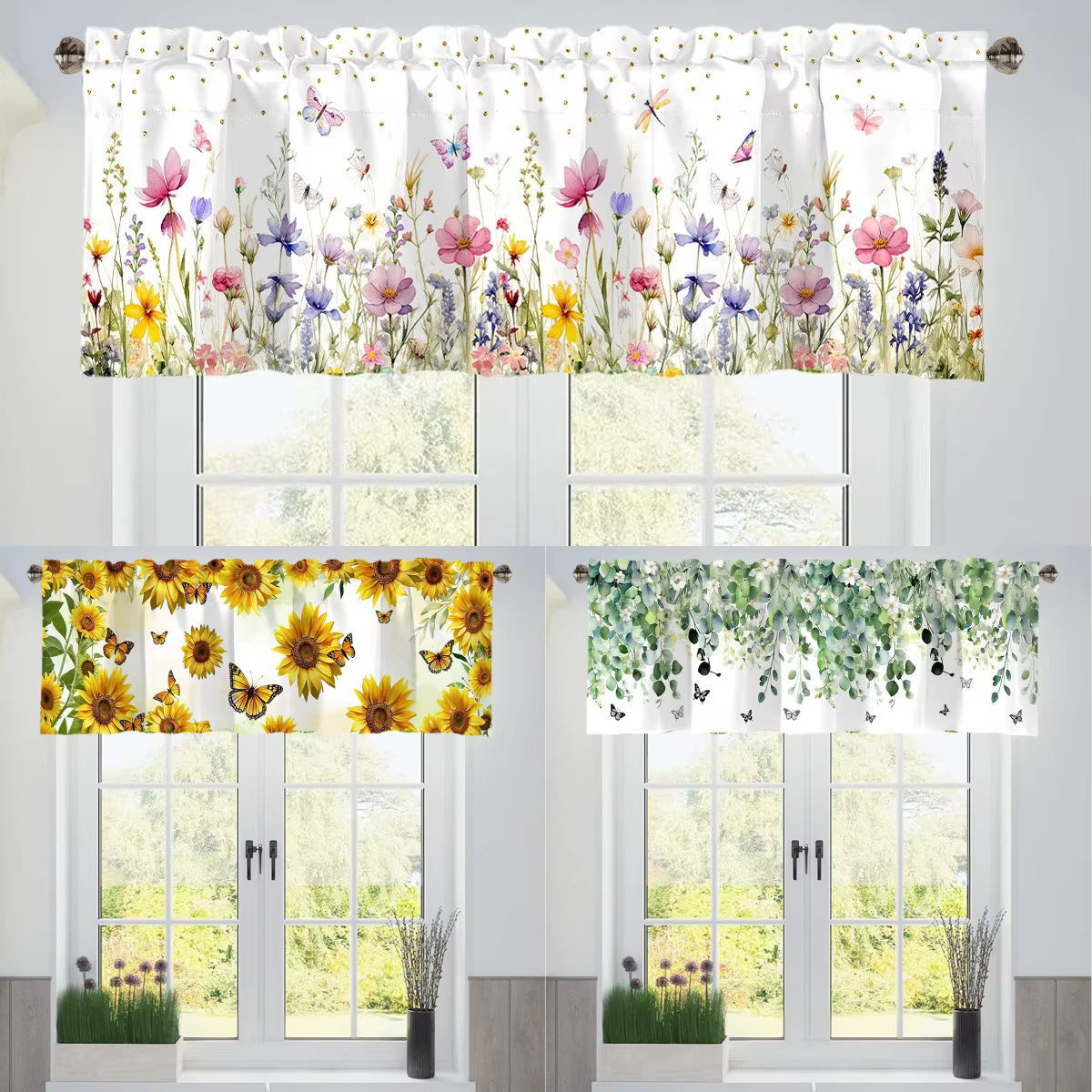 Voilage de fenêtre à motif floral de printemps (tournesol) avec passe-tringle pour salon