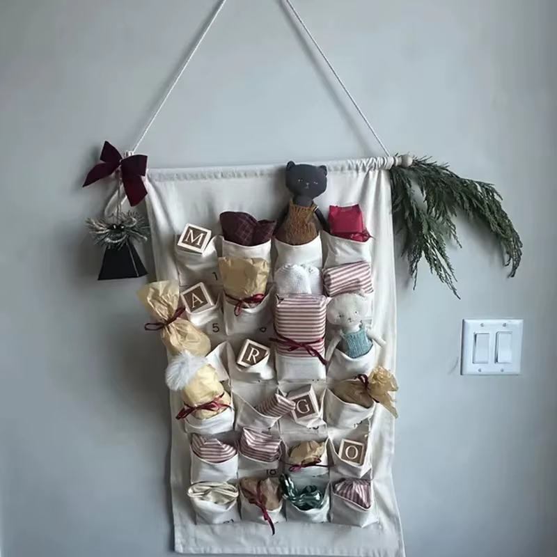 Calendrier de l'avent en toile de 24 jours, accessoires de vacances, manteau de cheminée pour la maison, décoration suspendue, poches de compte à rebours de noël