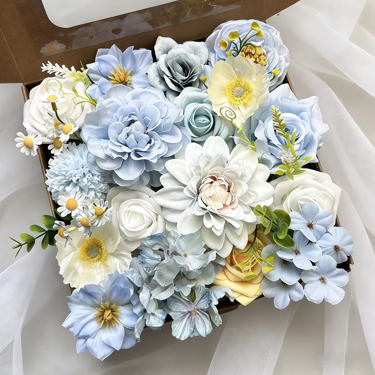 Boîte de fleurs artificielles bleu océan avec tiges pour bouquets de mariage DIY
