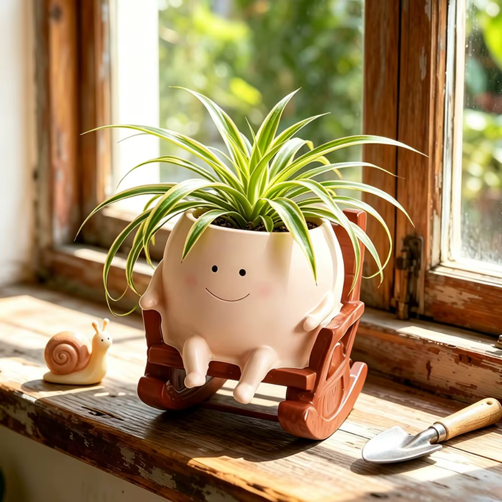 Mini Fauteuil à Bascule Visage Souriant, Pot de Plante Créatif, Jardinière Mignonne pour Intérieur, Balcon, Jardin, Cour, Décoration Florale de Grande Beauté