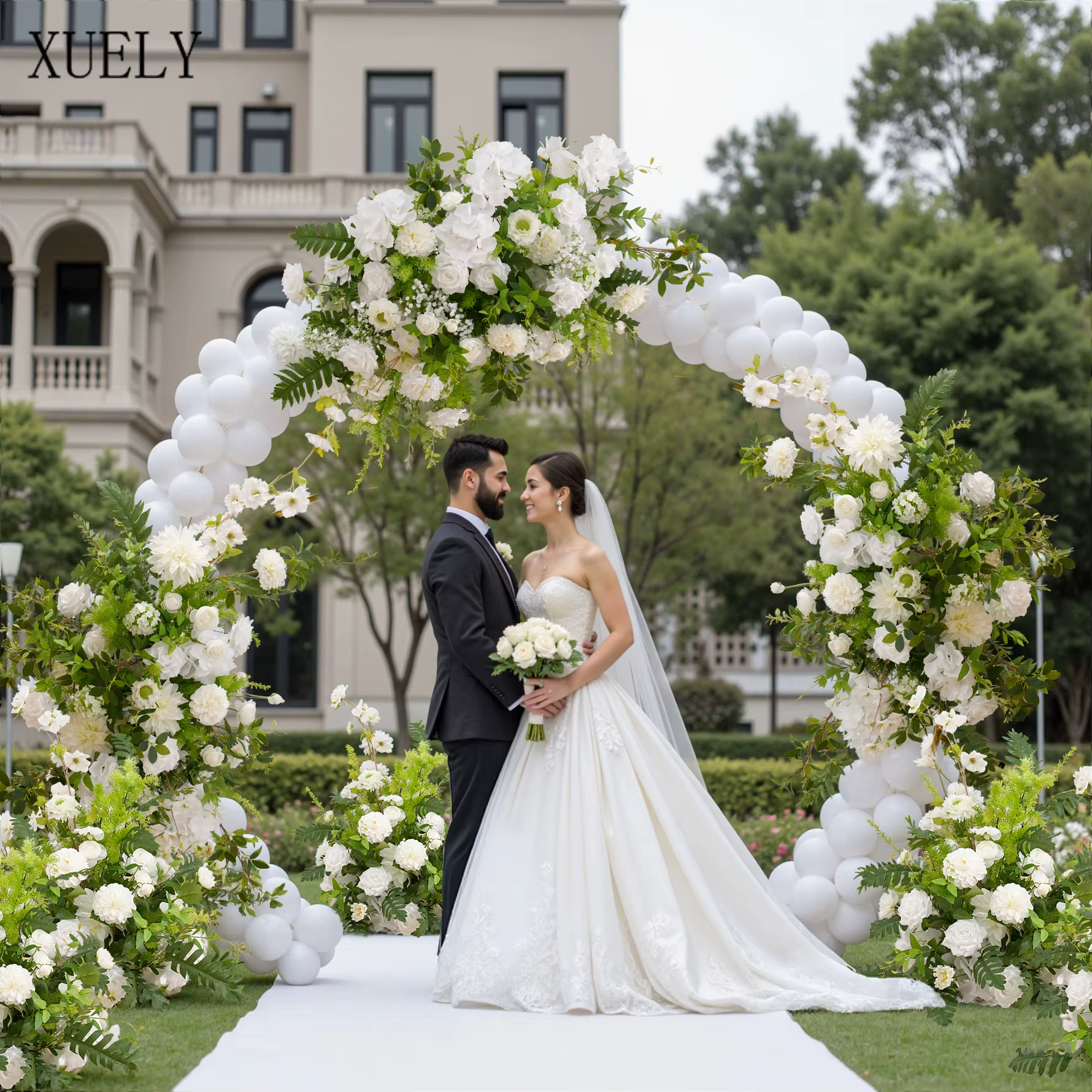 X8970 blanc Rose hortensia vert laisser accrocher rangée florale mariage toile de fond décoration sol allée Arrangement floral fenêtre affichage