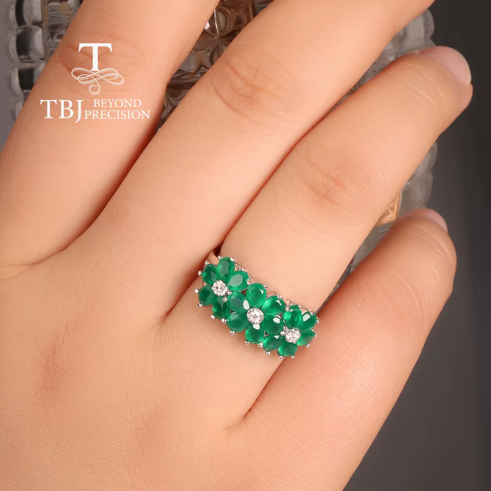 Bague en argent sterling S925 pour femme avec motif floral en agate verte naturelle, bijou délicat et luxueux pour offrir en cadeau ou pour les rendez-vous galants