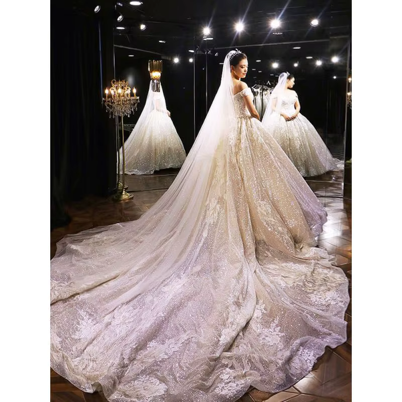 Robe de mariée principale une épaule mariée longue feu arrière robe de mariée ciel étoilé Super immortel spectacle robe mince personnalisée