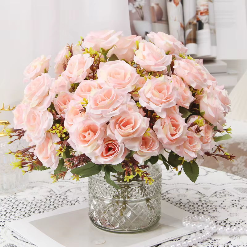 Vert Aloes 2 pièces fleurs artificielles soie Rose Bouquet chambre décoration fausse fleur Simulation parfumé miel blanc Roses