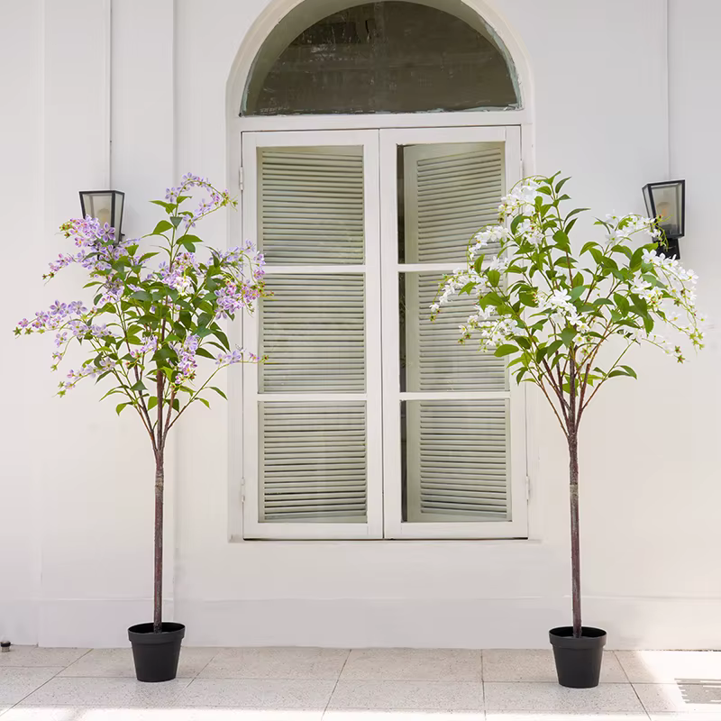 Banian-Fleur Artificielle Violette et Blanche avec Pot