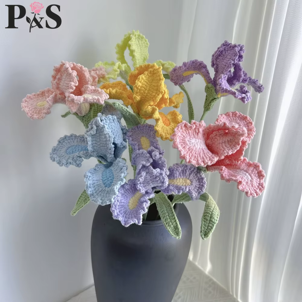 Iris Crochet fleurs fait à la main rose violet bleu tricoté fini