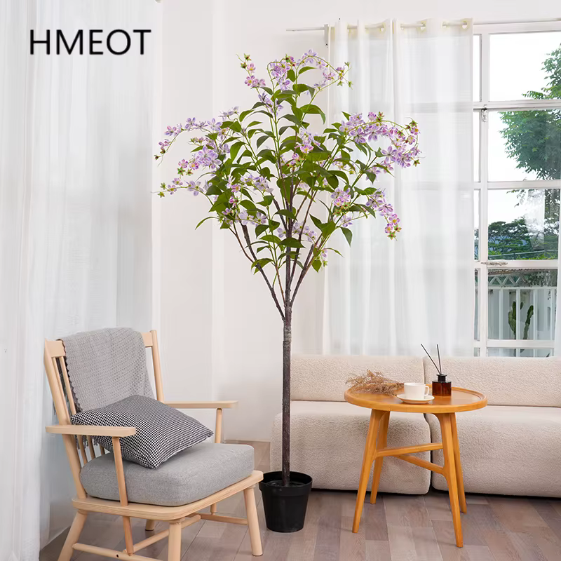 Banian-Fleur Artificielle Violette et Blanche avec Pot