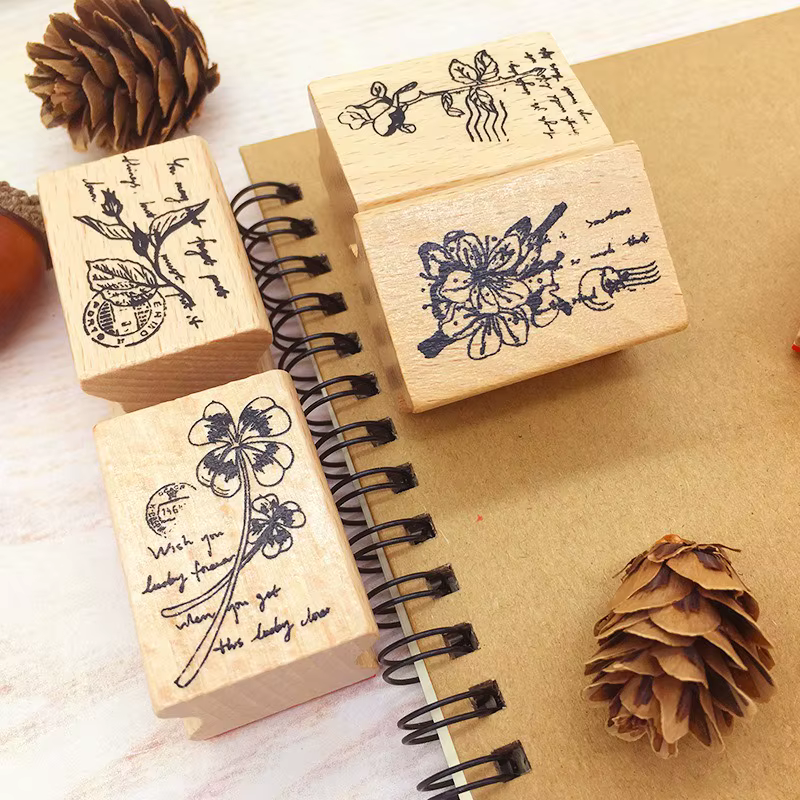 Tampons en bois DIY, motifs plantes et fleurs