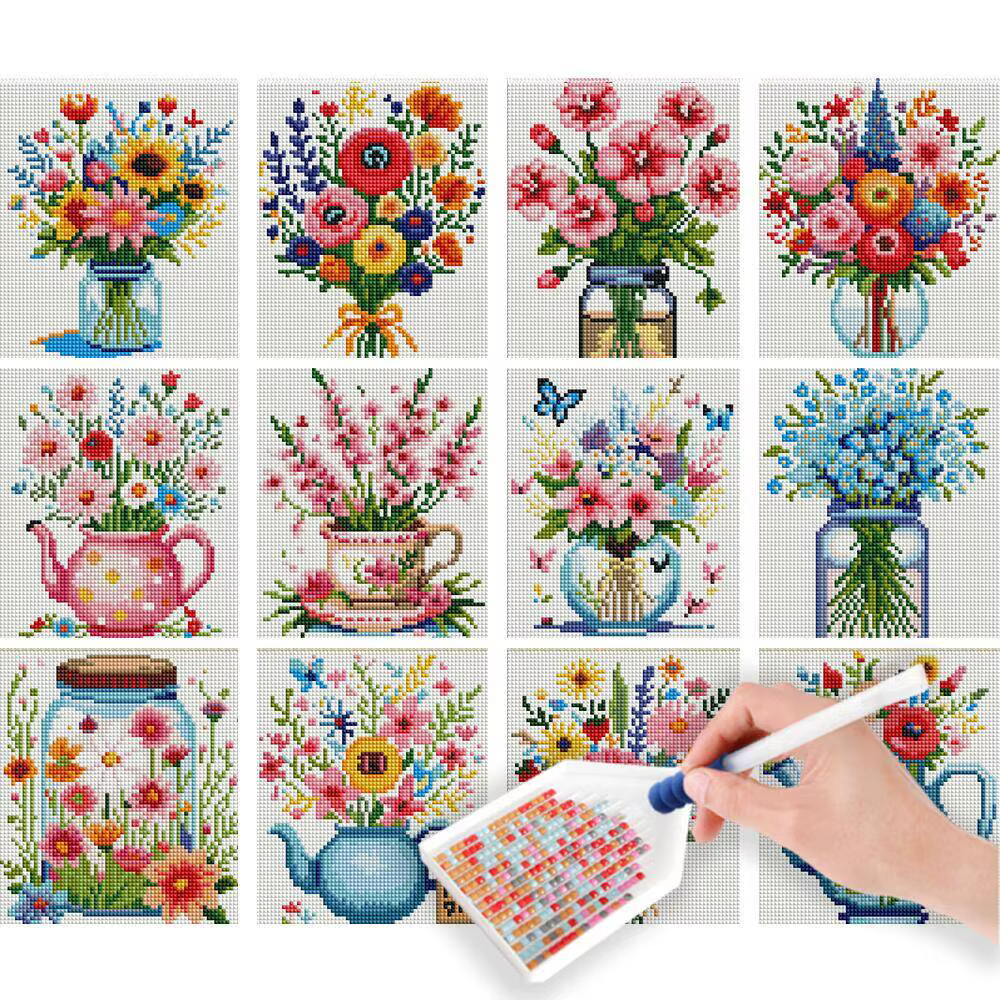 HUACAN 12 pièces Vase mosaïque rond complet tournesol Mini diamant peinture dessin animé fleur thème moderne décor à la maison idée cadeau de vacances