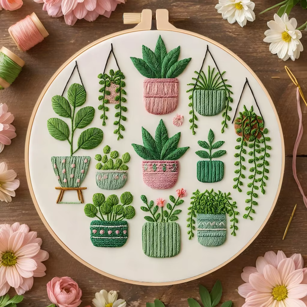 Kit de broderie de plantes en pot pour adultes avec rouleaux de fil et kit d'aiguilles pour cadeau DIY pour débutants