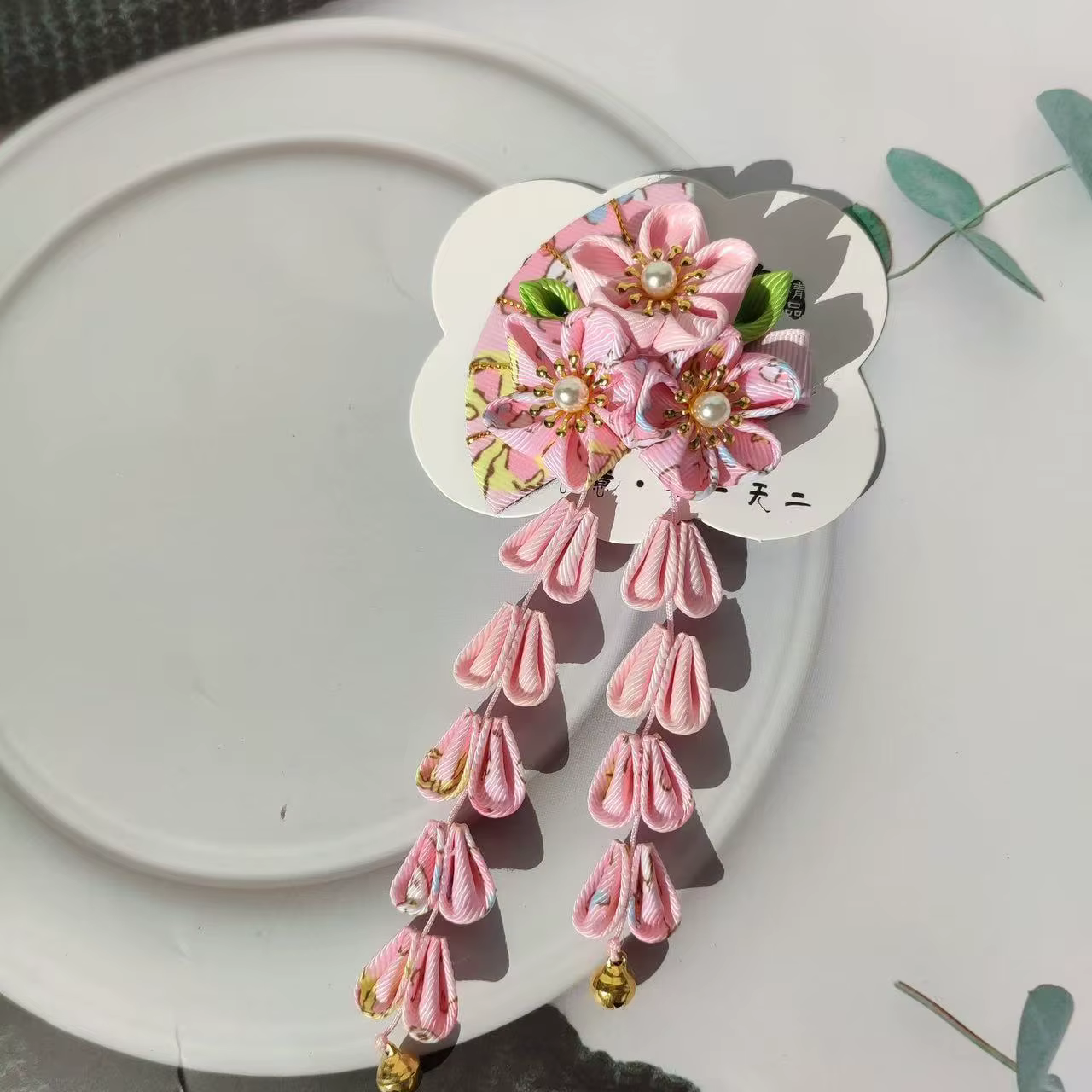 Couvre-chef kimono japonais, tissu fait à la main, pompon et couleur vent, bandeau assorti, pince à cheveux, éventail, accessoire pour cheveux, clip de bord