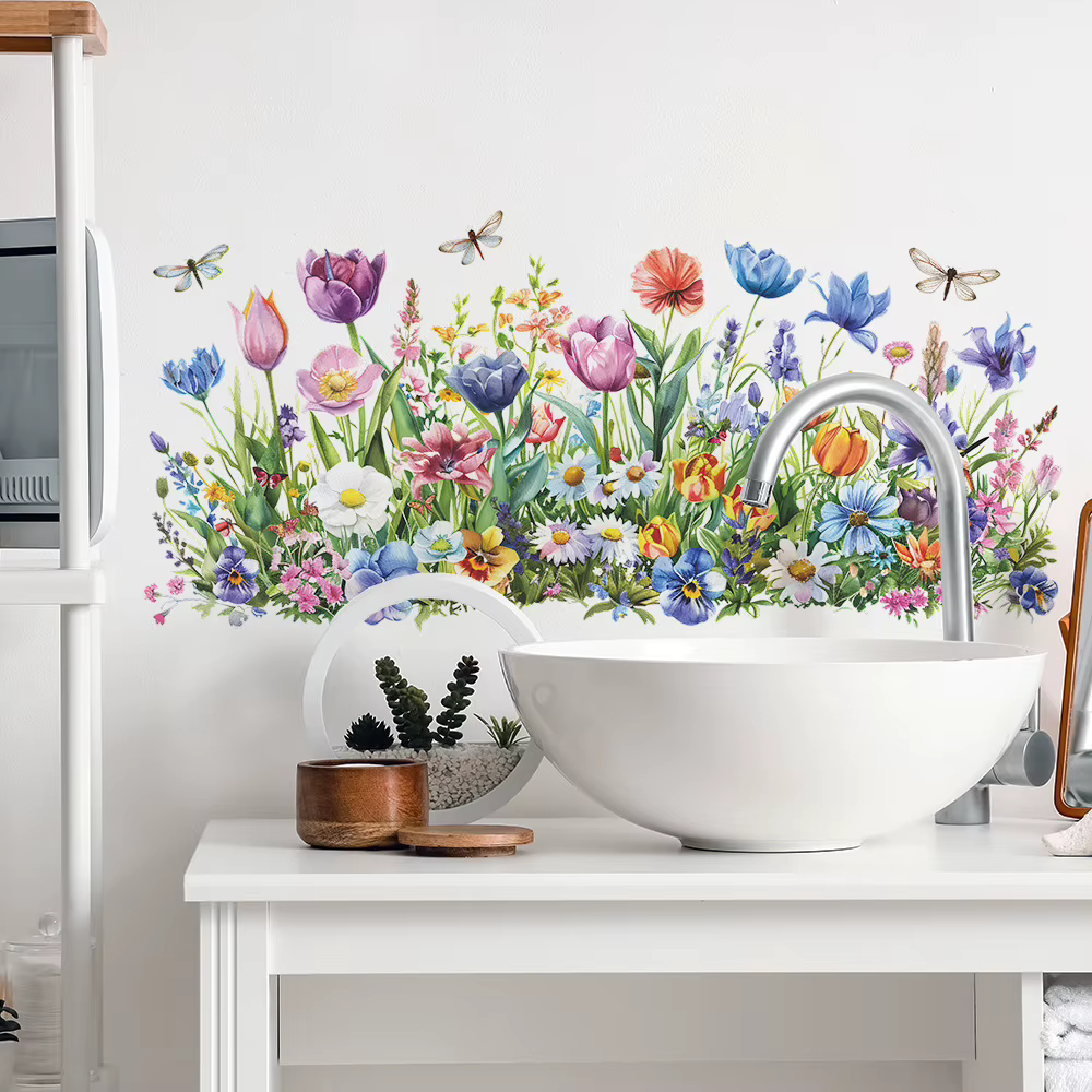 Autocollants muraux de fleurs et feuilles peintes