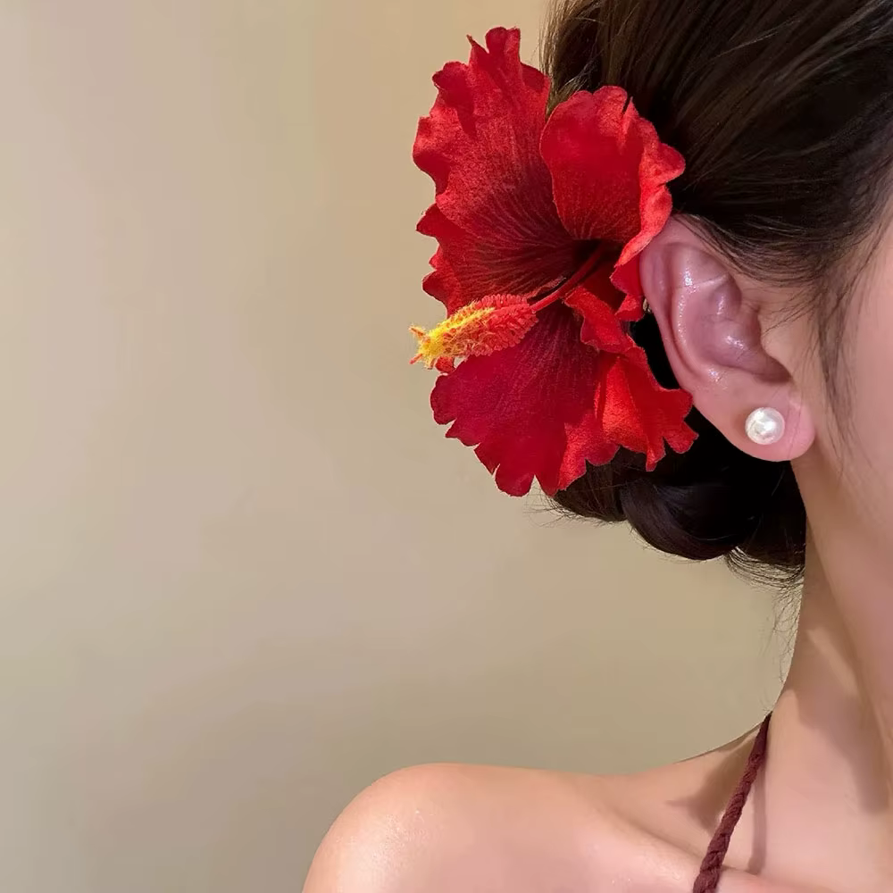 Pince à cheveux fleur d'hibiscus, barrette florale tropicale hawaïenne, accessoires de cheveux bohèmes pour femme, pour l'été, la plage, les vacances, les mariages