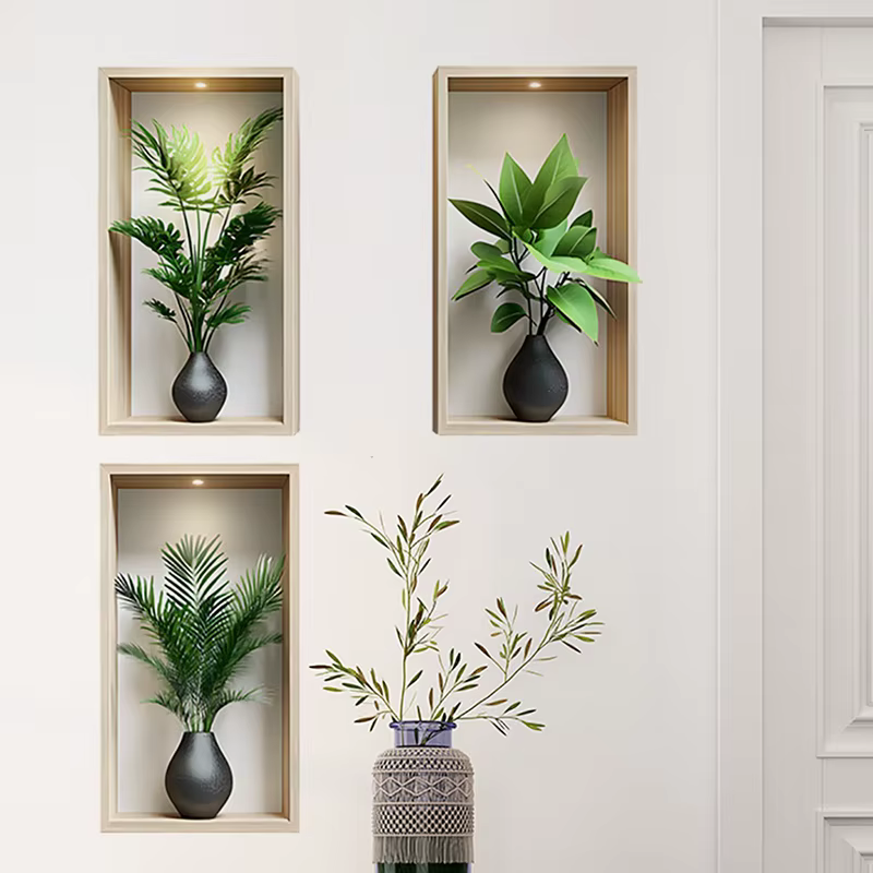 Autocollant Mural plantes vertes, peinture de Simulation murale en pot pour salon, décoration de fond de maison, sparadrap amovibles d'art Mural