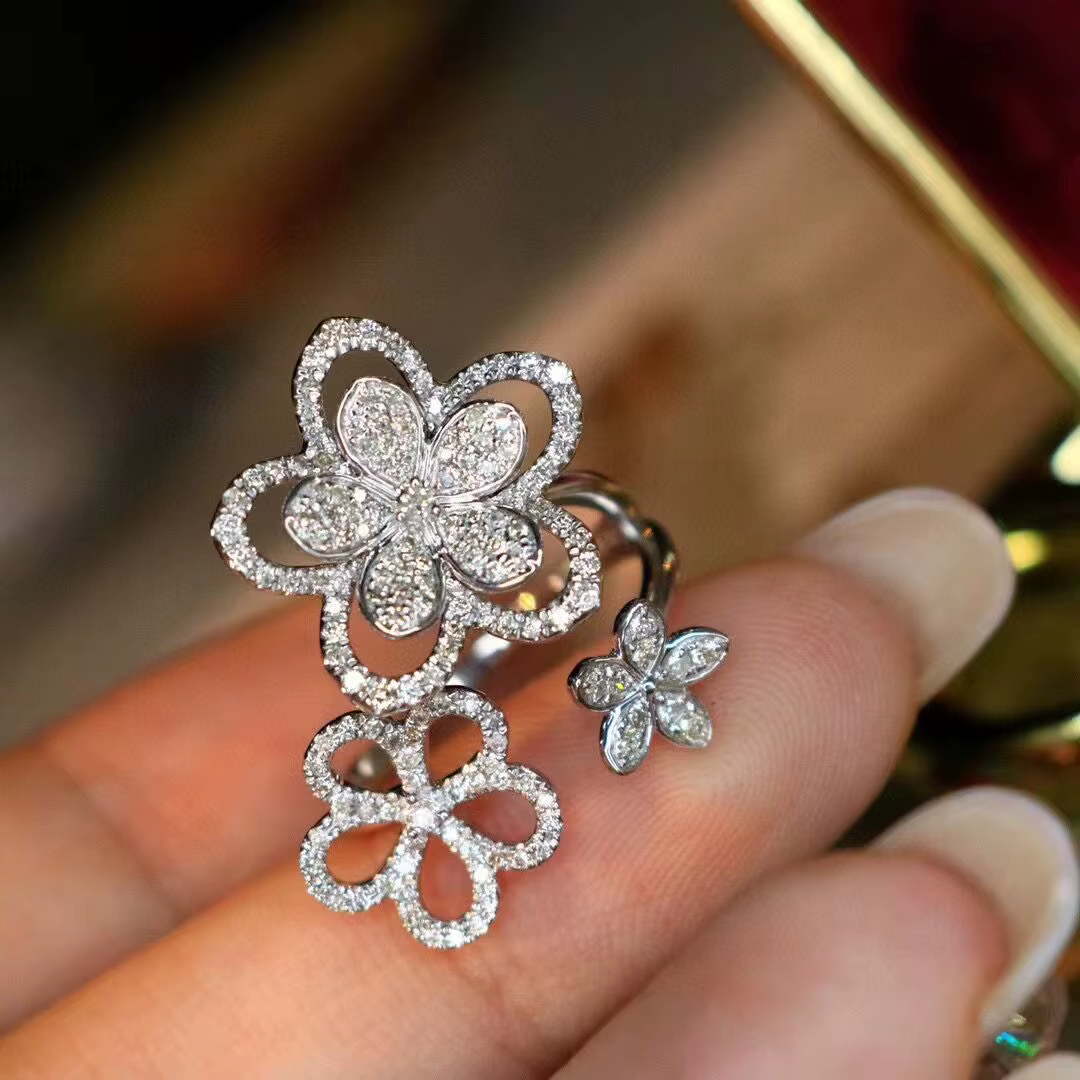 Bague ouverte en diamant français pour femme, super nickel é, timbre féminin, cadeau d'anniversaire, fête de mariage, mode, Zcomprend on Three Flower, 925