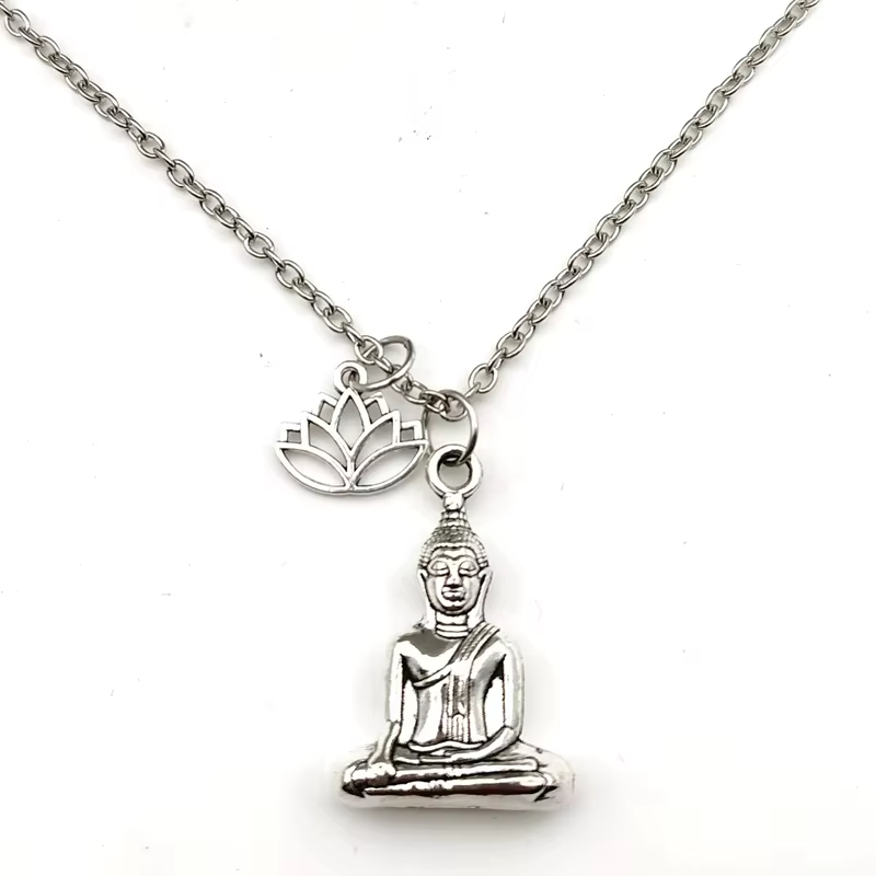 Collier Bouddha, collier fleur de Lotus, couleur argent, pendentif spirituel, cadeau pour ami, hommes femmes, mode llaveros