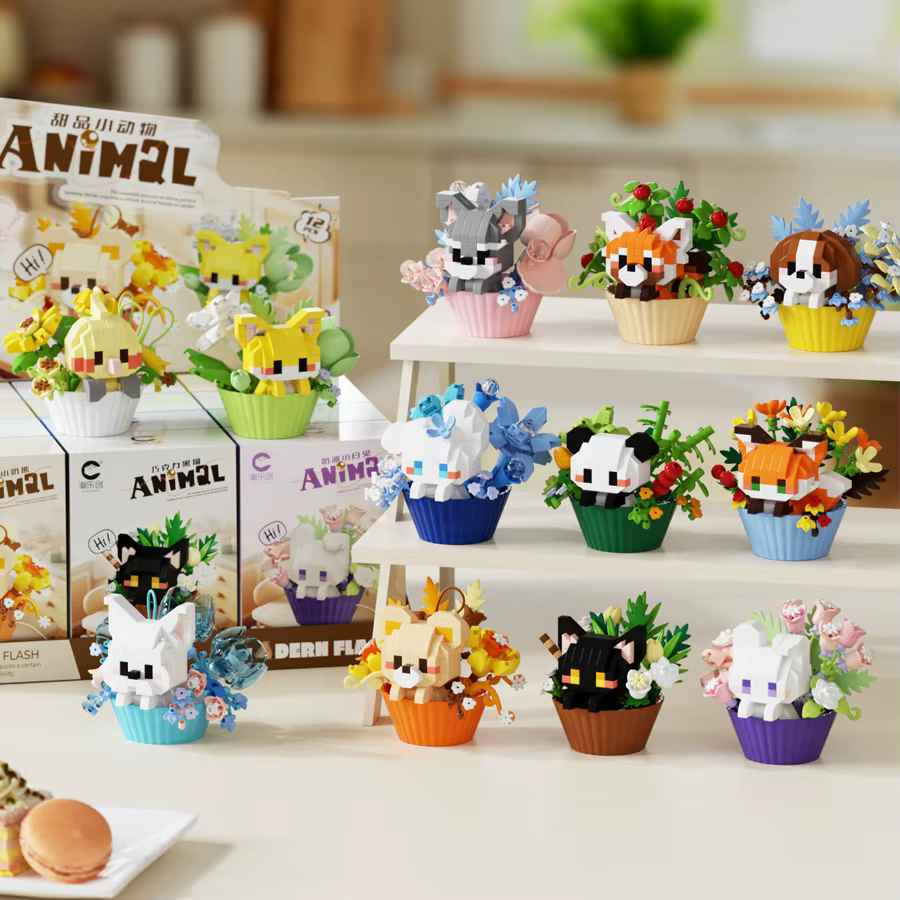 Ensemble de blocs de construction d'animaux et de plantes en pot