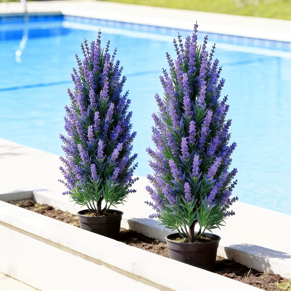 2 arbres artificiels de lavande violette pour extérieur avec piquets de fixation pour toiles de fond de mariage