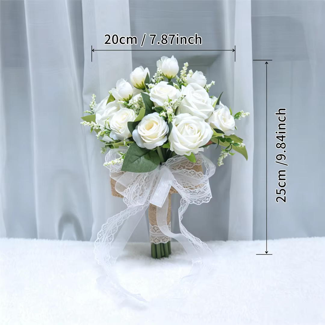 Bouquet de mariée artificiel en roses, en dentelle et toile de jute, fleur artificielle à tenir en main pour mariage, demoiselle d'honneur, séance photo en extérieur